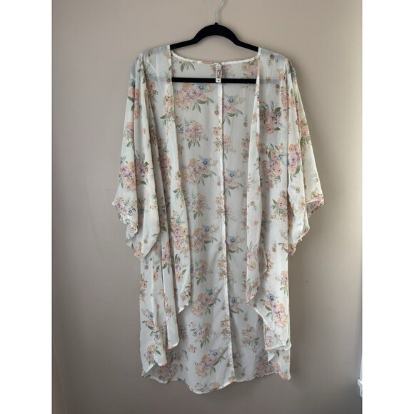 Mudd Women’s Floral Kimono Cardigan Beige Sheer Boho Lightweight Cover-Up - Picture 1 of 7